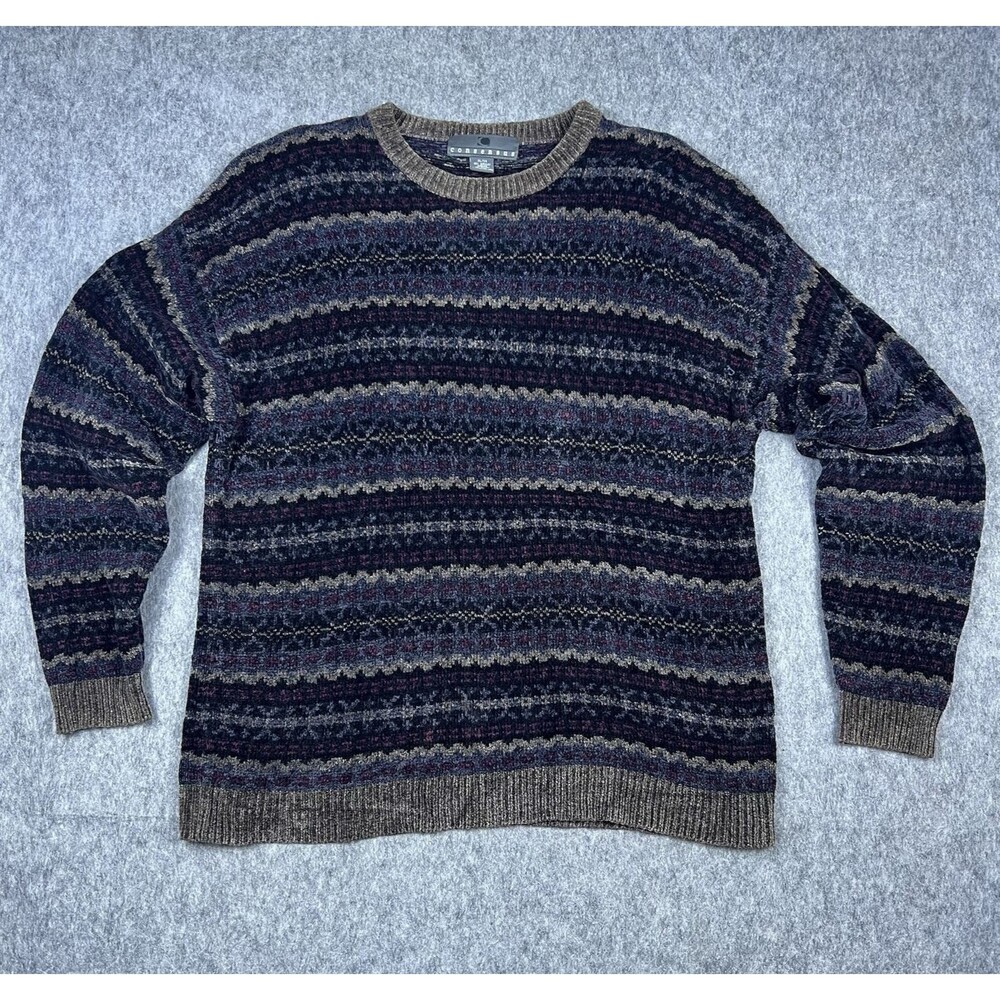 Vintage Consensus Men's Sweater Knit Tan Maroon Black Crewneck Long Sleeve Sz XL
